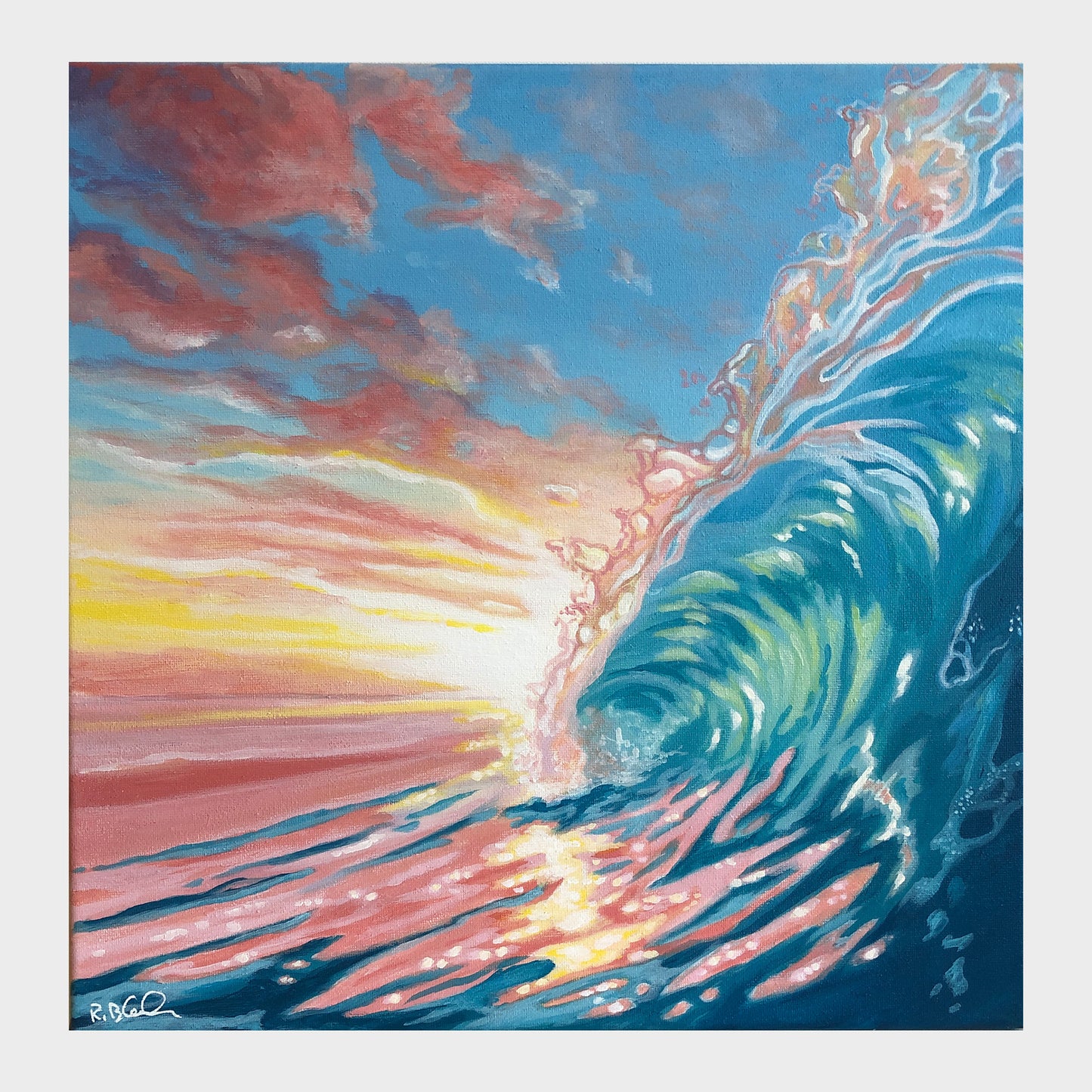 Original acrylic painting titled Sunset Serenade by Rebecca Black, featuring a curling wave illuminated by a pink and gold sunset over the Pacific Ocean.