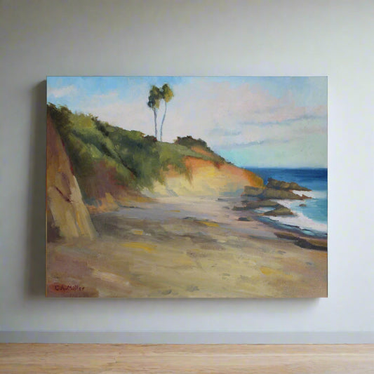 An oil on canvas painting depicting a beach scene with cliffs, a tree, and the ocean in the background.