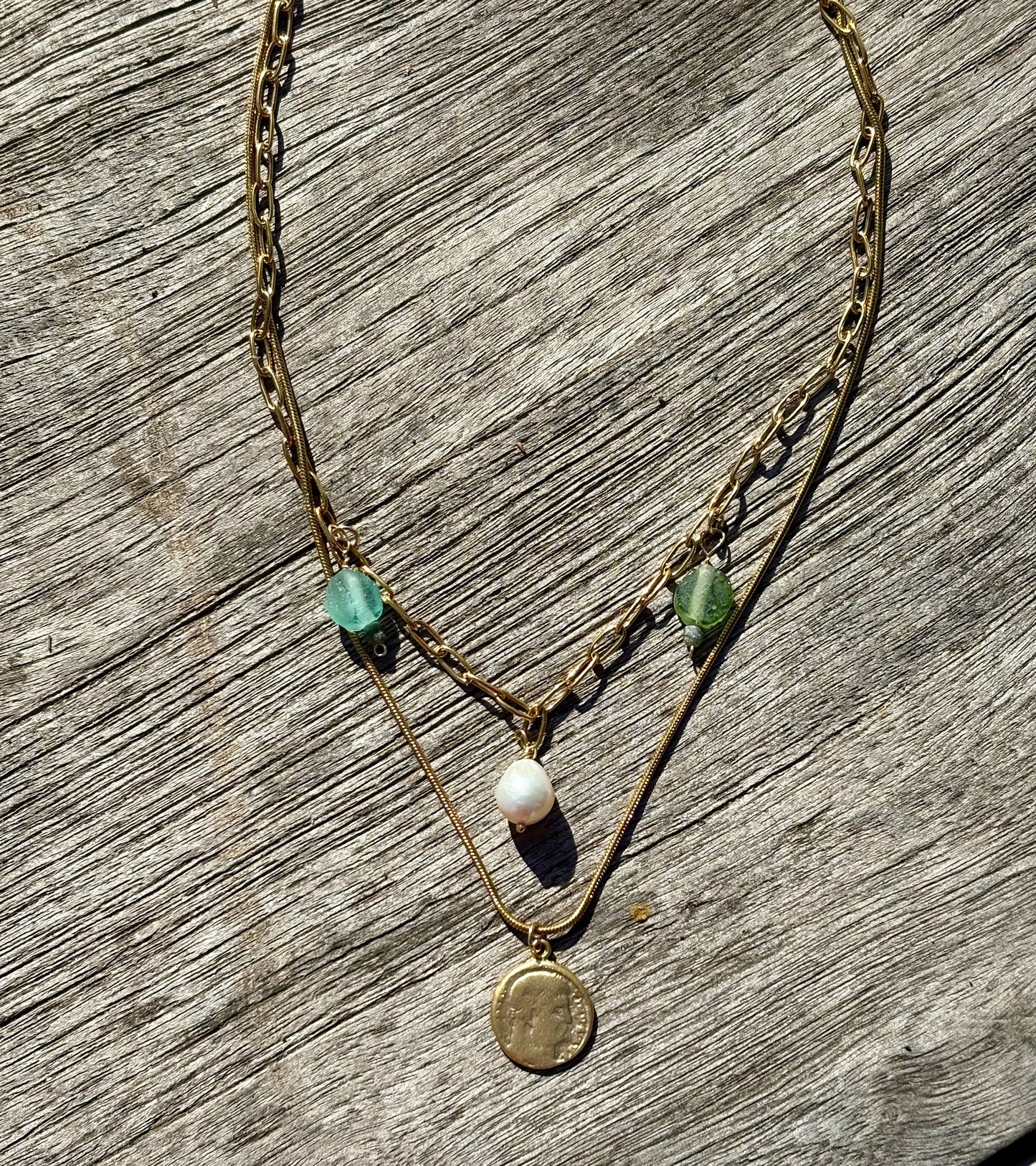 2 Layered gold filled Roman glass, vermeil coin and baroque pearl necklaces