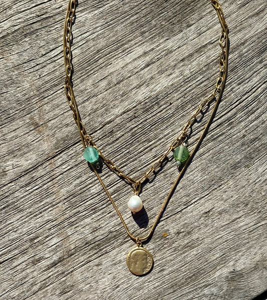 2 Layered gold filled Roman glass, vermeil coin and baroque pearl necklaces