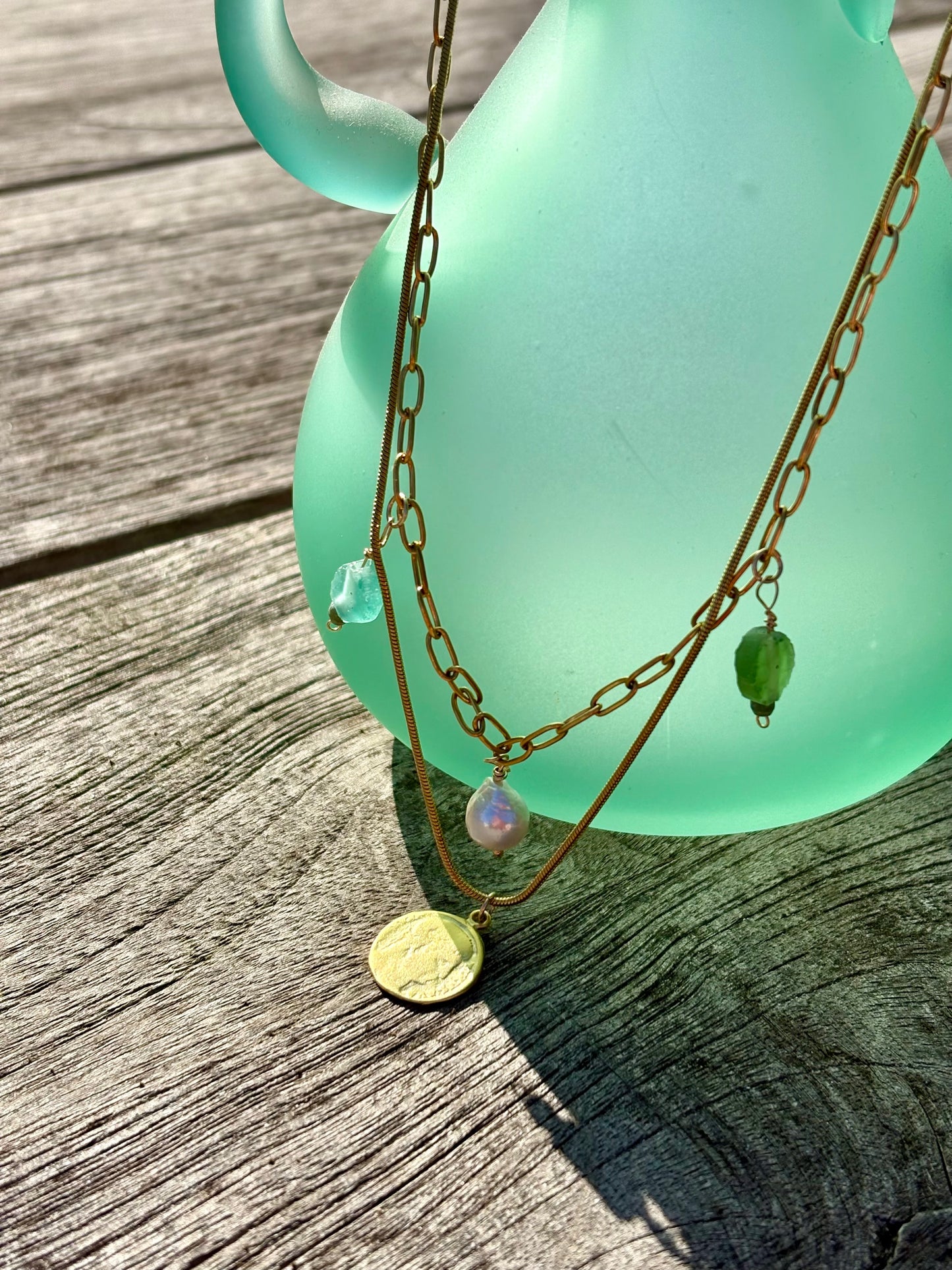 2 Layered gold filled Roman glass, vermeil coin and baroque pearl necklaces