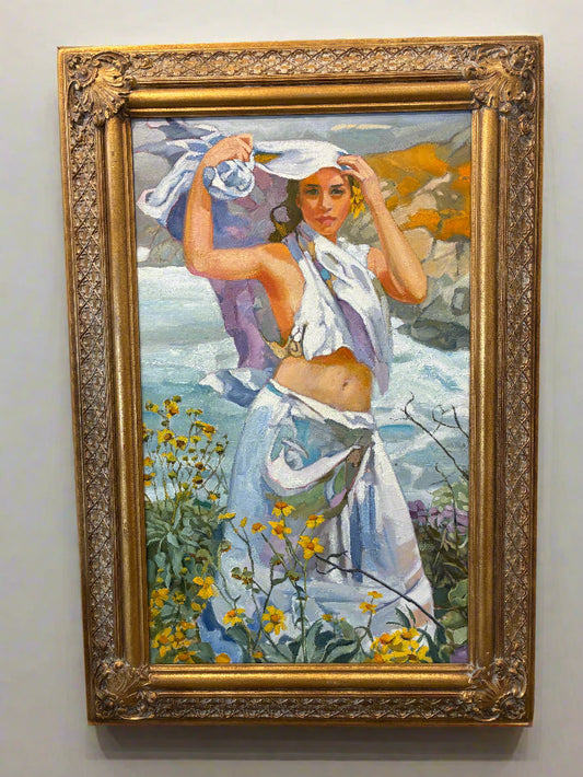 Framed painting of a woman with flowers on a textured wall