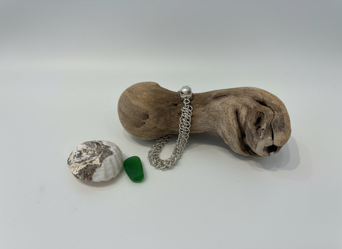 Handwoven Chainmail Sterling Silver Bracelet with Pearl Clasp