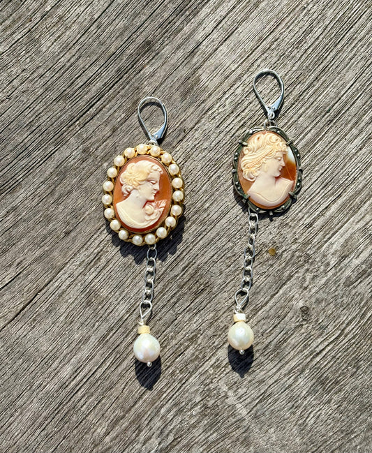Vintage pearl and gold filled cameo sterling and marcasite earrings
