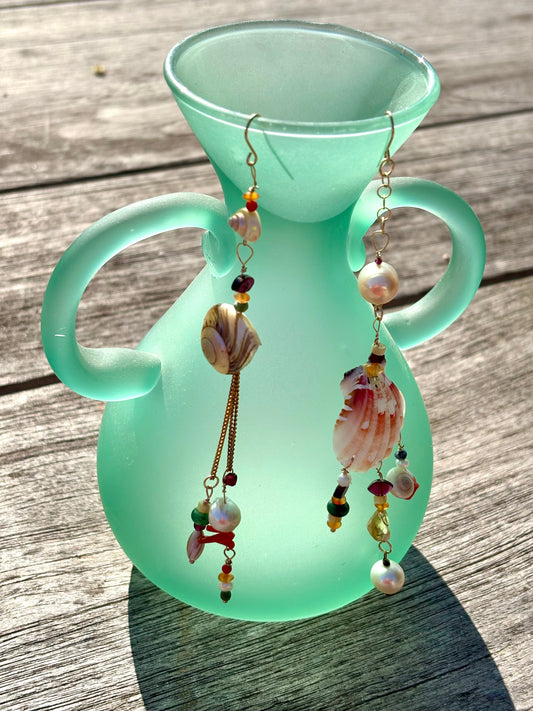 Natural shell, baroque pearl, natural gemstones earrings (Extra Long)