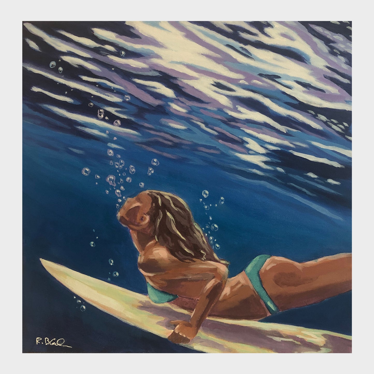Original acrylic painting titled Breath of Freedom by Rebecca Black, featuring a female surfer underwater releasing bubbles, lit from above with soft rippling light.