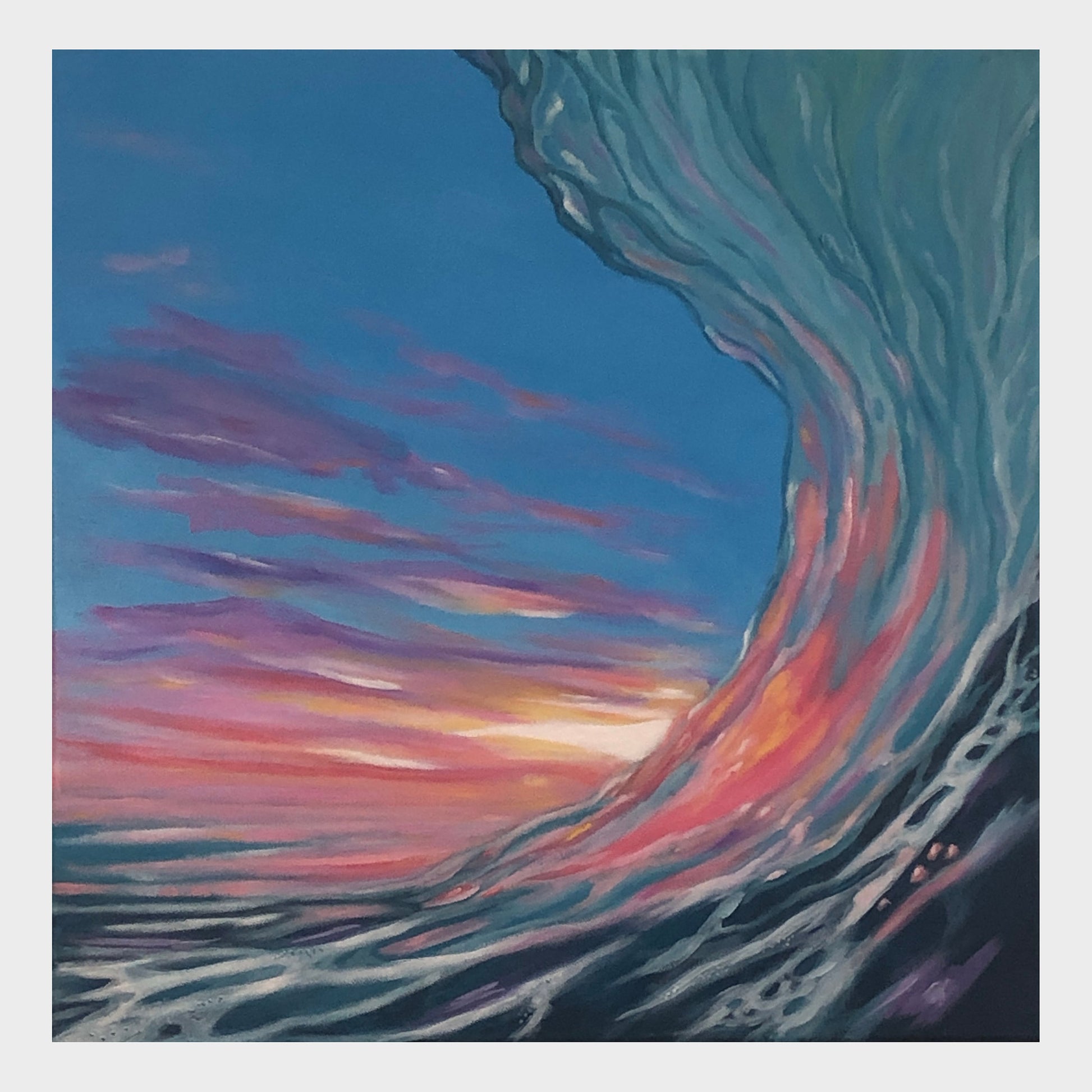 Original acrylic painting titled Sunkissed by Rebecca Black, featuring a sunlit wave illuminated by golden hour light on the Pacific Ocean.